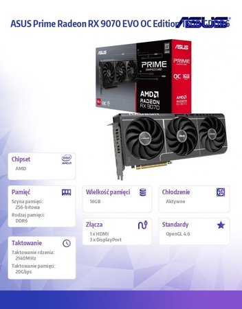 ASUS KARTA GRAFICZNA RX 9070 PRIME EVO OC 16 GB GDDR6 256BIT DP/HDMI