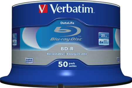 VERBATIM BD-R, SINGLE LAYER 25GB, BLUE SURFACE, SINGLE LAYER, SPINDLE, 43838, 6X, 50-CAKE, NO ID