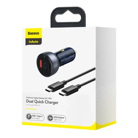 Ładowarka samochodowa Baseus Particular Digital Display z wyświetlaczem, USB + USB-C, QC3.0+PD, 5A, 65W (szara) + kabel USB-C 1m 100W (czarny)