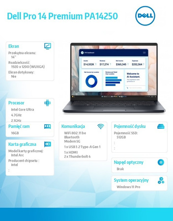 DELL LAPTOP DELL PRO 14 PREMIUM PA14250 W11P U5-236V/16GB/512GB/14.0 FFHD+ 300NIT/ARC/FGRPR/CAMS&MIC/5G WWAN+BT/BCKLKB/3C/VPRO/3YPS MAGNESIUM