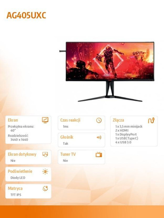 AOC MONITOR AG405UXC 40 CALI 144HZ IPS HDMIX2 DP USB-C HAS
