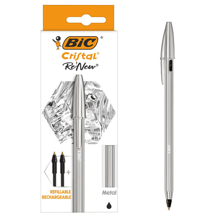 DŁUGOPIS BIC CRISTAL RE'NEW METAL 997201 CZARNY 1.0MM MATOWA SREBRNA OBUDOWA + 2 WKŁADY