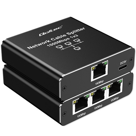 QOLTEC ROZDZIELACZ SPLITTER ETHERNET MINI SWITCH 1X3 RJ45 | 1000MB/S | USB-C | ALUMINIUM