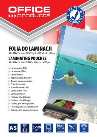 FOLIA DO LAMINOWANIA BŁYSZCZĄCA A5 OFFICE PRODUCTS 100MIC 100 SZT