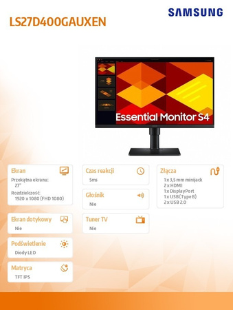 SAMSUNG MONITOR 27 CALI S40GD IPS 1920X1080 FHD 16:9 2XHDMI 1XDP 2XUSB-A 2.0 1XUSB-B 5MS 100HZ HAS+PIV PŁASKI 3YON-SITE (LS27D400GAUXEN)