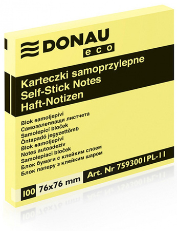 KARTECZKI SAMOPRZYLEPNE 76X76MM DONAU ECO JASNO ŻÓŁTE 100KART