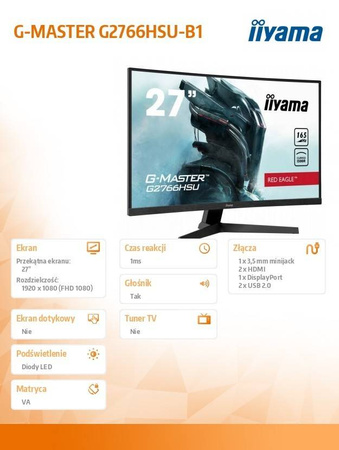 IIYAMA MONITOR 27 CALI G2766HSU-B1 VA,165HZ,1500R,1MS,DP,HDMIX2,USB,FREESYNC