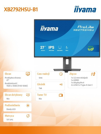IIYAMA MONITOR 27 CALI XB2792HSU-B1 IPS,FHD,HDMI,DP,120HZ,350CD,4MS,        CIENKIE RAMKI, 1500:1, ERP B, USB HUBX2