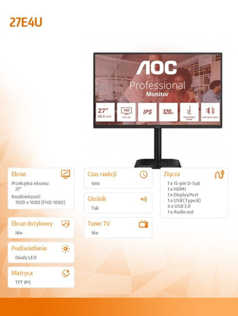 AOC Monitor 27E4U 27 cali IPS 120Hz HDMI DP VGA Pivot