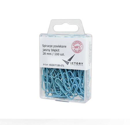 SPINACZE OKRĄGŁE 28MM VICTORY OFFICE PRODUCTS 6028KM100-071 PASTELOWE JASNONIEBIESKIE METALOWEPOWLEKANE W ZAWIESZANYM POJEMNIKU PLASTIKOWYM 100SZT