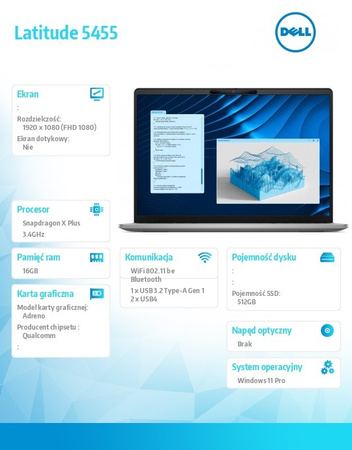 DELL NOTEBOOK LATITUDE 5455 WIN11PRO SNAPDRAGON X PLUS 10C 16GB/512GB SSD GEN4/14.0 FHD/INTEGRATED/FGRPR/FHD/IR CAM/MIC/WLAN+BT/BACKLIT KB/3C/3YPS
