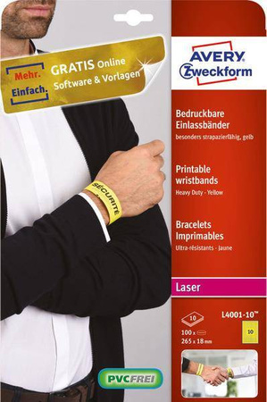 Opaski identyfikacyjne na nadgarstek do zatruku 265x18mm AVERY ZWECKFORM L4001-10 żółte folia poliestrowa 10ark*10szt