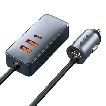 Ładowarka samochodowa Baseus Share Together z przedłużaczem, 3x USB, USB-C, 120W (szara)