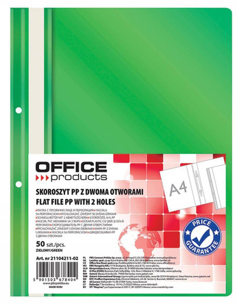 SKOROSZYT WPINANY A4 OFFICE PRODUCTS 2 OTWORY ZIELONY PP 100/170MIKR