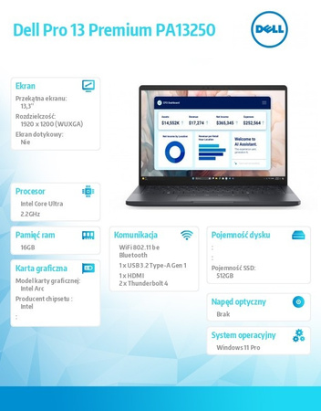 DELL LAPTOP DELL PRO 13 PREMIUM PA13250/ULTRA 7 266V/16GB/512GB SSD GEN4/13.3 FHD+/ARC/FGRPR/CAMS&MIC/WLAN+BT/BACKLIT KB/3C/VPRO/3YPS MAGNESIUM