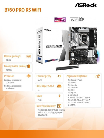 ASROCK PŁYTA GŁÓWNA B760 PRO RS WIFI S1700 4DDR5 DP/HDMI M.2 ATX