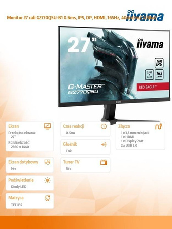 IIYAMA MONITOR 27 CALI G2770QSU-B1 0.5MS, IPS, DP, HDMI, 165HZ, 400CD/M2, USBX2