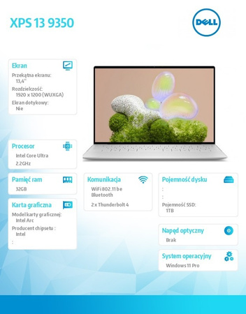 DELL NOTEBOOK XPS 13 9350 WIN11PRO ULTRA 7 258V/32GB/1TB/13.4 FHD+ ANTIGLARE/ARC/FGRPR/FHD/IR CAM/MIC/WLAN + BT/BACKLIT KB/3 CELL/3Y PROSUPPORT