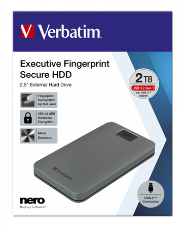 VERBATIM ZEWNĘTRZNY DYSK TWARDY, EXECUTIVE FINGERPRINT SECURE HDD, 2.5", USB 3.0 (3.2 GEN 1), 2TB, 53653, SZARY, SZYFROWANY Z CZYT