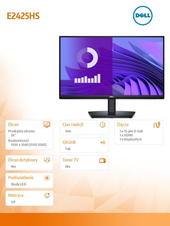 DELL MONITOR E2425HS 23.8 CALA VA LED FHD/(1920X1080)/16:9/DP/HDMI/VGA/GŁOŚNIKI/3Y