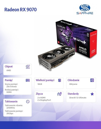 SAPPHIRE TECHNOLOGY KARTA GRAFICZNA RADEON RX 9070 NITRO+ 16GB OC GDDR6 256BIT 2DP/2HDMI