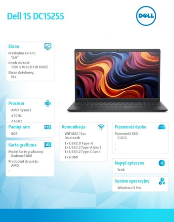 DELL LAPTOP DELL 15 DC15255 W11P R3-7320U/8GB/512GB SSD/AMD RADEON 610M/WLAN + BT/15.6 FHD/BACKLIT KB/3 CELL/65W/3YPS CARBON BLACK (PLASTIC)