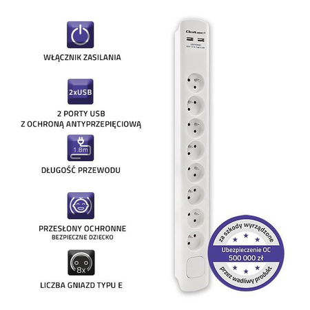 QOLTEC LISTWA ANTYPRZEPIĘCIOWA | 8 GNIAZD | 2XUSB | 1.8M | BIAŁA