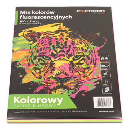 PAPIER KSERO KOLOR A4 EMERSON MIX FLUORESCENCYJNY 80G 4*25 ARK