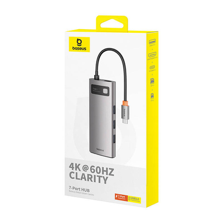 HUB 7W1 BASEUS GLEAM, USB-C DO 1X HDMI4K 60HZ + 3X USB3.0 + 1X PD + 1X SD/TF (SZARY)