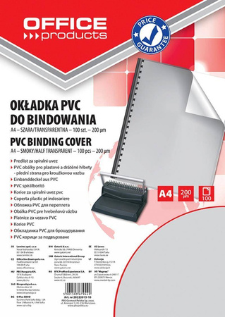 FOLIA DO BINDOWANIA A4 OFFICE PRODUCTS PRZEZROCZYSTA SZARA 200MIC 100 SZT