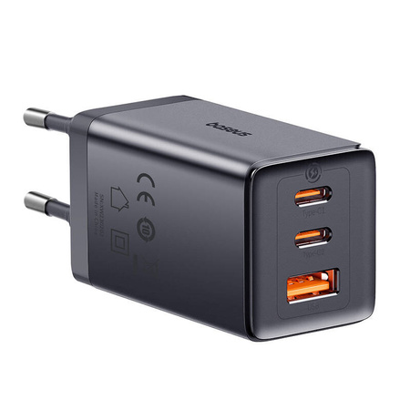 ŁADOWARKA SIECIOWA BASEUS GAN5, 2X USB-C + USB, 65W + KABEL 1M (SZARA)