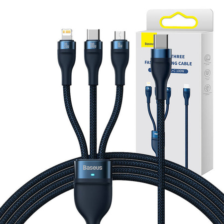 KABEL USB 3W1 BASEUS FLASH SERIES 2, USB-C + MICRO USB + LIGHTNING, 100W, 1.5M (NIEBIESKI)