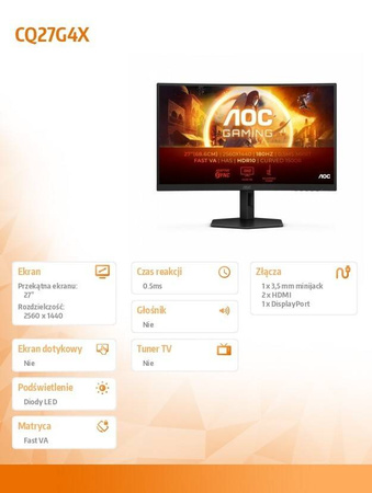AOC MONITOR CQ27G4X 27 CALI ZAKRZYWIONY FAST VA 180HZ HDMIX2 DP HAS