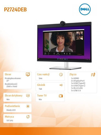 DELL MONITOR P2724DEB 27 CALI LED IPS QHD (2560X1440)/16:9/HDMI/DP/RJ-45/KAMERA/GŁOŚNIKI/MIKROFON/3YPPG