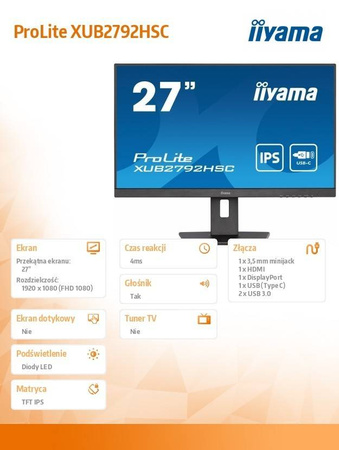 IIYAMA MONITOR 27 CALI XUB2792HSC-B5 IPS,FHD,USB-C,HDMI,DP,USB3.0,HAS(150MM)