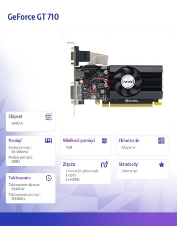 AFOX KARTA GRAFICZNA GEFORCE GT 710 4GB DDR3 64BIT DVI HDMI VGA LP V1