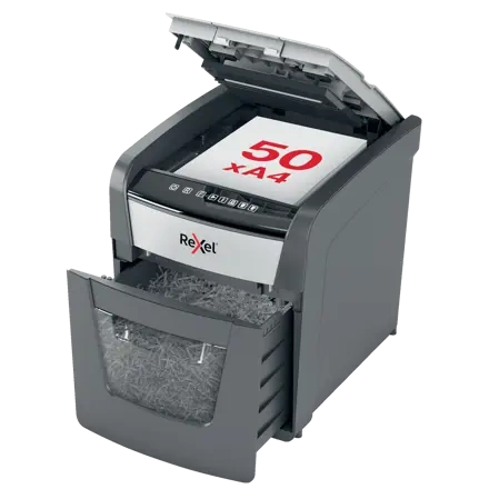 NISZCZARKA A4 REXEL OPTIMUM AUTOFEED+ 50X 2020050XEU CZARNA 50 KRT ŚCINKI 4X28MM 20 LITRÓW