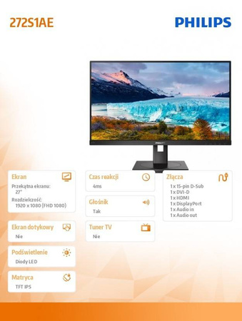PHILIPS MONITOR 272S1AE 27 CALI IPS DVI HDMI DP PIVOT