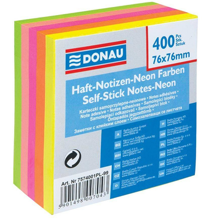 KARTECZKI SAMOPRZYLEPNE 76X76MM DONAU NEON 400KART