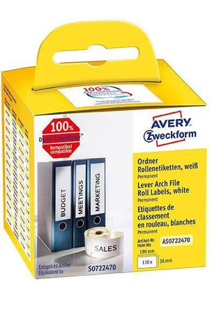 ETYKIETY SAMOPRZYLEPNE 38X190MM NA SEGREGATORY AVERY ZWECKFORM TRWAŁE, W ROLCE DO DRUK. TERM. AS0722470 BIAŁE 110 SZT