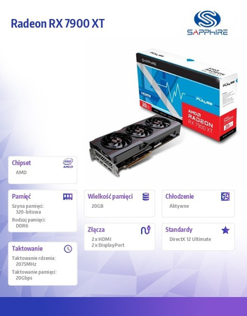 SAPPHIRE TECHNOLOGY KARTA GRAFICZNA RADEON RX 7900 XT PULSE 20GB GDDR6 320BIT 2DP/2HDMI