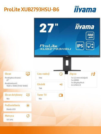 IIYAMA MONITOR 27 CALI XUB2793HSU-B6 IPS.HDMI.DP.2X2W.USBX2.FREESYNC.FLICKER