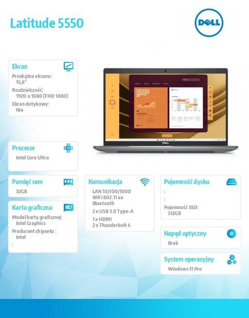 DELL NOTEBOOK LATITUDE 5550 WIN11PRO ULTRA 7 165U/32GB/512GB SSD GEN4/15.6 HD/INTEGRATED/FGRPR&SMTCD/FHD/IR CAM/MIC/WLAN+BT/BACKLIT KB/3C/VPRO/3YPS