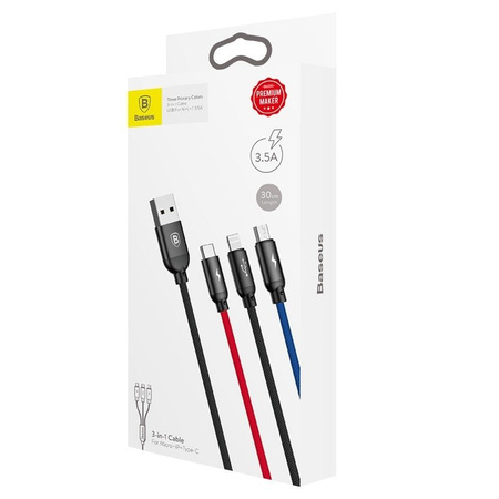 KABEL USB BASEUS 3W1 USB-C / LIGHTNING / MICRO 3,5A 0,3M (CZARNY)