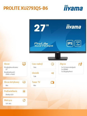 IIYAMA MONITOR 27 CALI XU2793QS-B6 IPS,QHD,100HZ,HDMI,DP