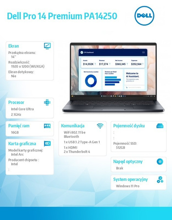 DELL LAPTOP DELL PRO 14 PREMIUM PA14250 W11P ULTRA 5 236V/16GB/512GB/14.0 FHD+ 300NIT/ARC/FGRPR/CAMS&MIC/WLAN+BT/BCKLKB/3C/VPRO/3YPS MAGNESIUM