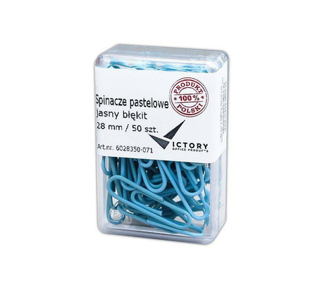 SPINACZE OKRĄGŁE 28MM VICTORY OFFICE PRODUCTS 6028350-071 PASTELOWE JASNONIEBIESKIE METALOWEPOWLEKANE W POJEMNIKU PLASTIKOWYM 50SZT