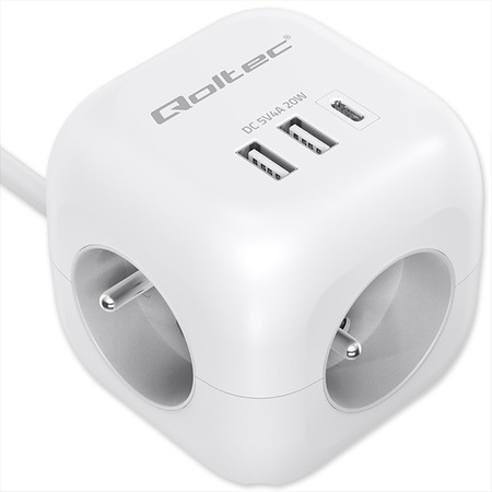 QOLTEC KOSTKA ZASILAJĄCA PRZEDŁUŻACZ 6W1 Z PODŚWIETLANYM WŁĄCZNIKIEM |  3X AC | 2X USB | 1X USB-C PD 20W | BIAŁA | KABEL 2M