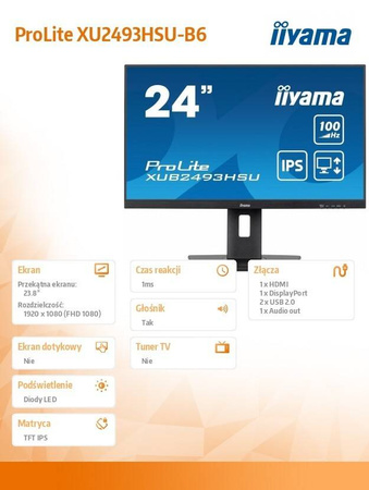 IIYAMA MONITOR 23.8 CALA XUB2493HSU-B6 IPS.HDMI.DP.2X2W.USBX2.SLIM.HAS(150MM)