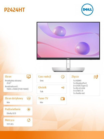 DELL MONITOR 23.8 CALA P2424HT DOTYKOWY FHD/16:9/HDMI/DP/USBC/RJ45/3Y